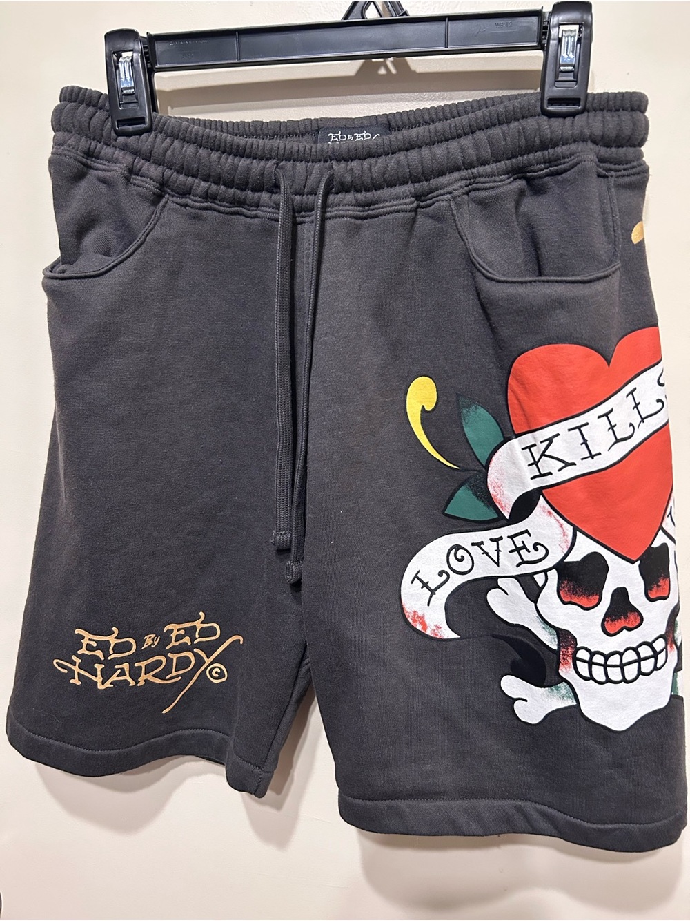 Ed Hardy Authentic Dark Gray  'Love Kills' Skull Men's Athletic Shorts S w/tag